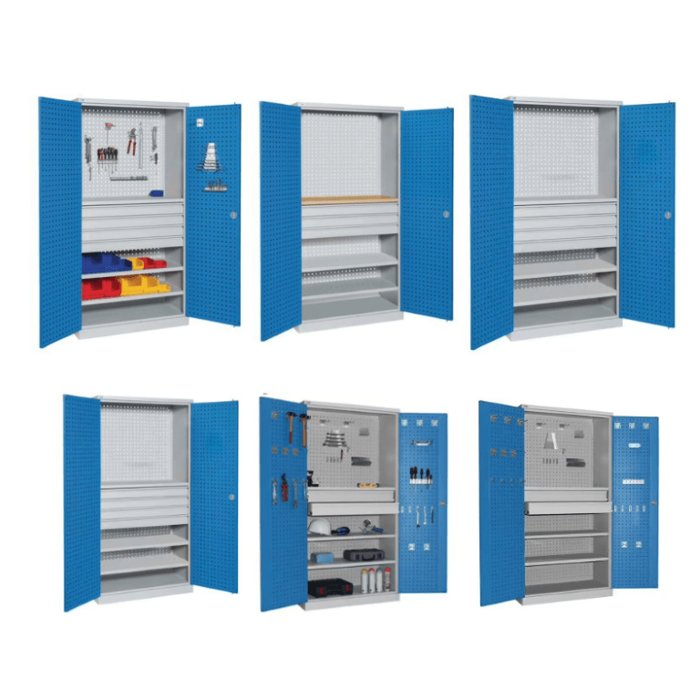 Gamme armoires d'atelier, à fond et portes perforés - disponible chez MSI équipements industriels et ERP - France entière